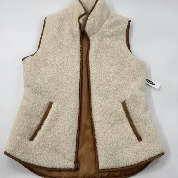 Old Navy Sherpa Women's Vest Medium Cream Tan Trim Pockets Zip Lined Boho NEW - Picture 1 of 8